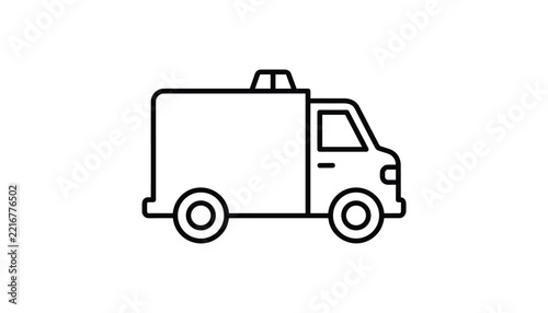 Simple minimalist black outline icon of a medical emergency transport ambulance truck isolated on a white background.