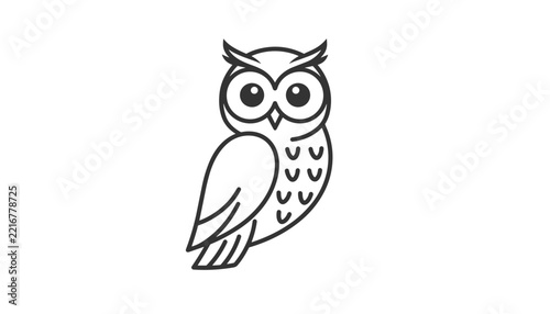 Minimalist black outline vector drawing of a wise owl with big eyes, symbolizing wisdom, education, and knowledge.
