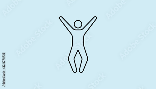 Simple line icon of a happy stick figure jumping with arms raised high, representing success, health, and freedom.