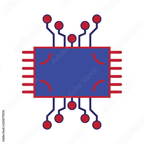 Flat vector illustration of a central microchip processing unit with red antenna connectors and circuit traces. Ideal for artificial intelligence technology, semiconductor hardware, processor design, 