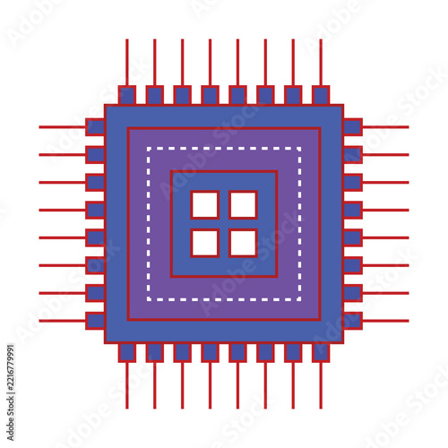 Flat vector illustration of a square microchip with a central grid processor and connection pins. Ideal for artificial intelligence technology, semiconductor hardware, processor design, 
