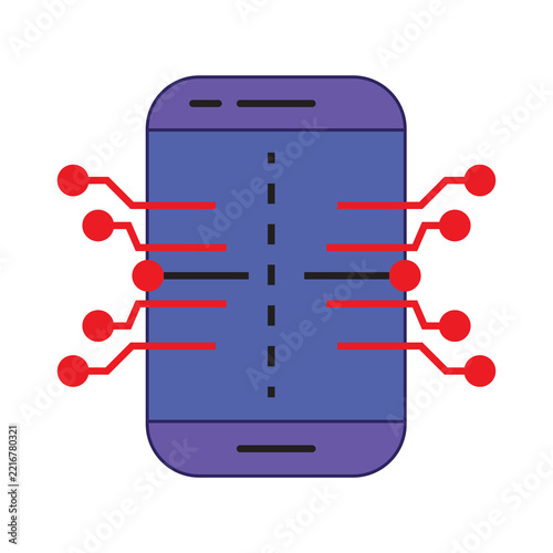 Flat  illustration of a smartphone chip integrated with red circuit wiring and connections. Perfect for mobile processing, AI hardware, smartphone technology, data transfer, electronic component