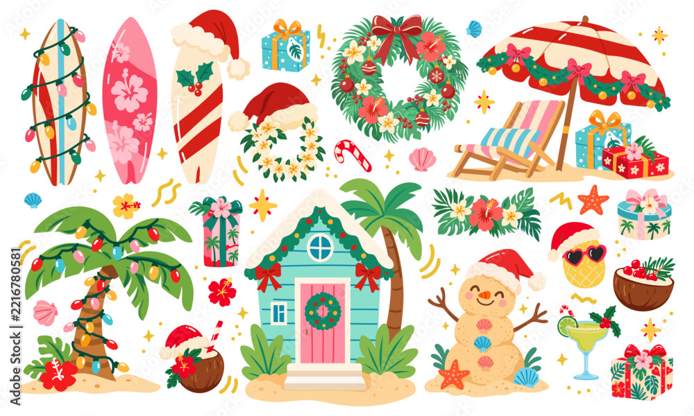 Naklejka premium Colorful tropical Christmas collection with palm tree, surfboards, beach house, wreath, gifts, sand snowman and festive decor. Fun summer holiday set for coastal designs