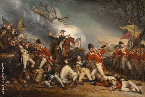 The death of General Mercer at the Battle of Princeton on 3 January 1777, during the American War of Independence, British and Hessian troops under Lieutenant Colonel Charles Mawhood were defeated at Princeton by American Continental Army troops under General George Washington after a surprise attack, Historical, digitally restored reproduction from an original of the period