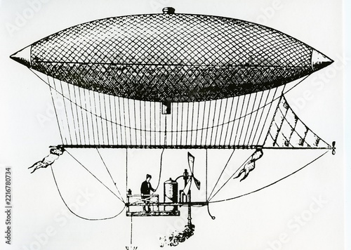 Steerable steam zeppelin built by Henri Giffard, 1852 in Paris, first passenger flight in the world