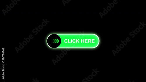 Click here green neon buttons set on black background. 4K Video.