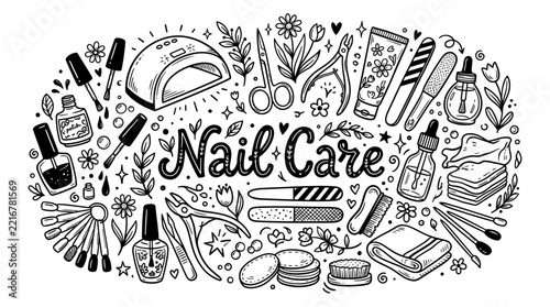 Hand Drawn Nail Care Doodle Set