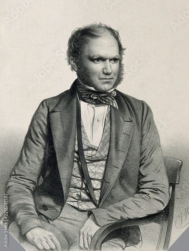 Charles Robert Darwin (12 February 1809 - 19 April 1882) was a British naturalist. He is considered one of the most important natural scientists because of his contributions to the theory of evolution, Historical, digitally restored reproduction of an original of the time
