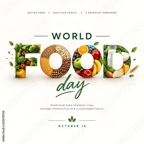 World food day concept with letters made of healthy food ingredients isolated on white backgroundWorld food day concept with letters made of healthy food ingredients isolated on white background