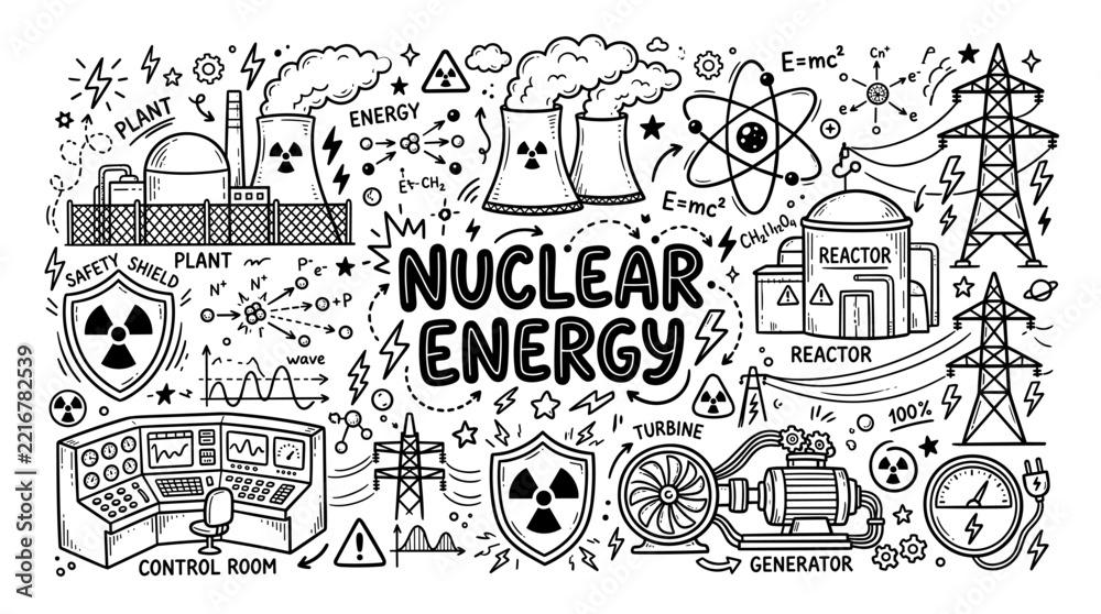 Fototapeta premium Hand drawn doodle set about nuclear energy