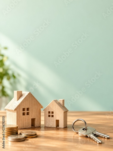 Two Wooden House Models with Keys and Mixed Coins Against Mint Green