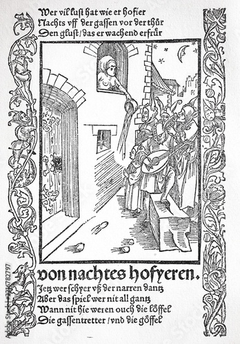 The Ship of Fools by Sebastian Brant, 1494, late medieval moral satire. Of serenading in the night, a woman pours out the chamber pot over the musicians, Historical, digitally restored reproduction from a 19th century original