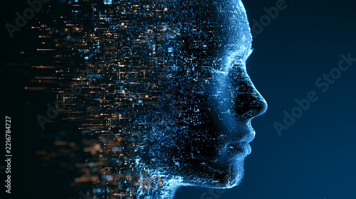 A futuristic digital representation of a human face emerging from a cascade of data particles. This image captures the essence of artificial intelligence and digital innovation.