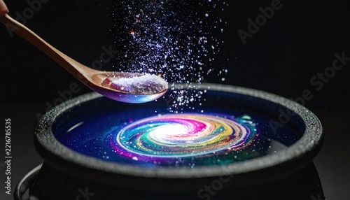 Spoon pouring sparkling powder into colorful liquid.
