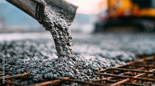 Fresh wet concrete pours from a chute onto steel rebar mesh at an active construction site. Ideal for showcasing building and infrastructure projects.