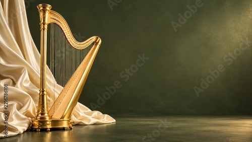 Ornate golden harp on ivory satin before a muted olive backdrop