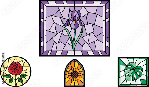 Stained Glass Window Vector Panels Set with Floral and Botanical Mosaic Designs