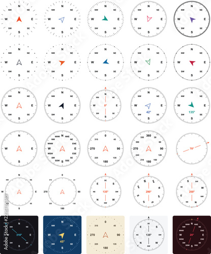 Compass rose vector set: 30 wind direction dials with tick scales, cardinal points, degree markings, rotating bearing needles and light and dark colour themes for navigation UI