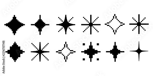 Pixel Sparkle Stars, Black geometric twinkle and shine effect symbols in retro pixel style for gaming, stickers, posters, and graphics