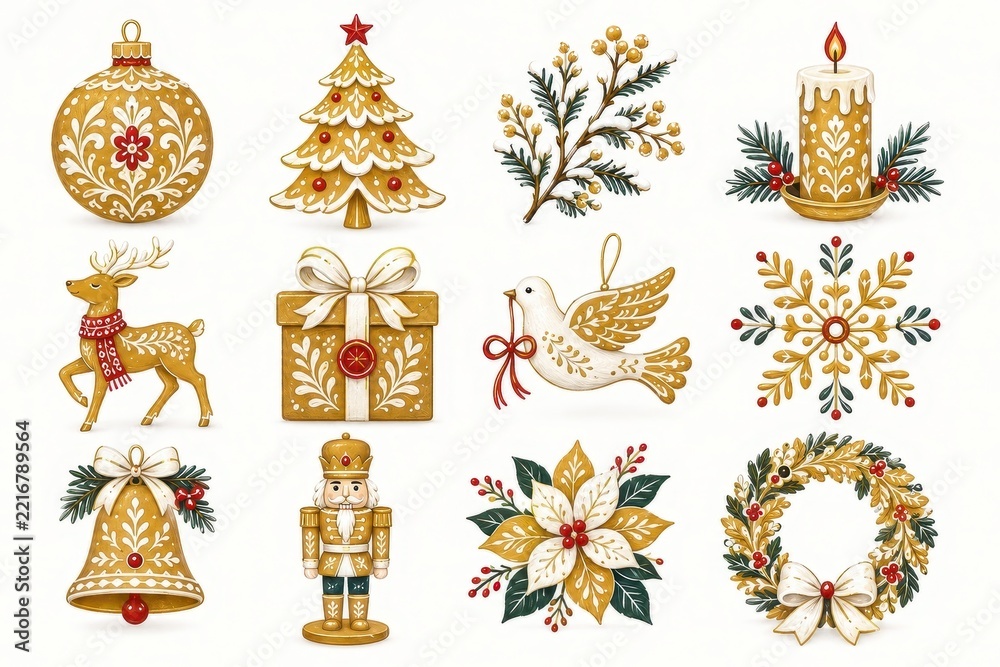 Fototapeta premium Vintage Christmas ornaments botanical collection
