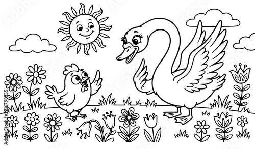 SEO Title: Funny Chicken and Swan Talking Cartoon Bird Characters Vector Illustration