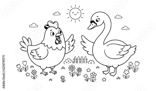 SEO Title: Chicken and Swan Talking in Flower Meadow Cartoon Coloring Vector