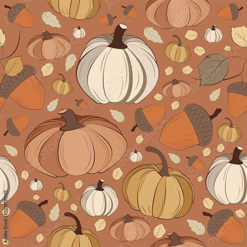Illustration with an autumn-themed seamless pattern: a pumpkin and an acorn