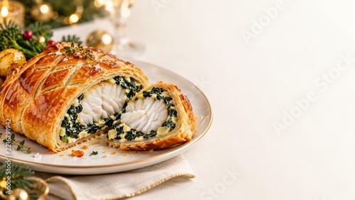 Golden pastry wrapped cod with spinach filling on an ivory table
