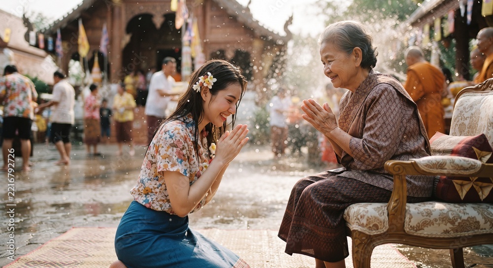 Obraz premium A young Thai woman in a traditional blouse respectfully greets an elderly woman with a wai gesture during the Songkran water festival against a temple background