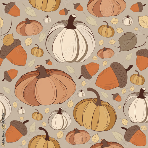 Seamless Autumn Pattern with Pumpkins and Acorns