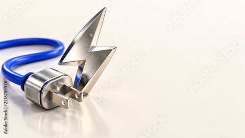 Polished Metal Power Plug and Lightning Symbol with Blue Cable on Cream