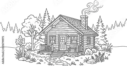 Cozy rustic log cabin coloring page line art, cozy wooden house in pine forest outline vector, mountain cottage sketch illustration for coloring book