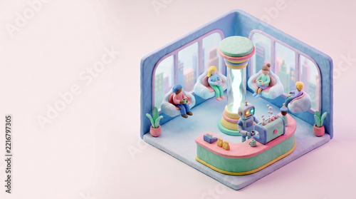 3D isometric illustration of a futuristic coffee shop room, claymation style, soft pastel lighting, white background