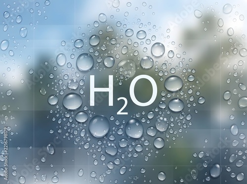 H2O Water Molecule on a Rain-Dropped Glass Background