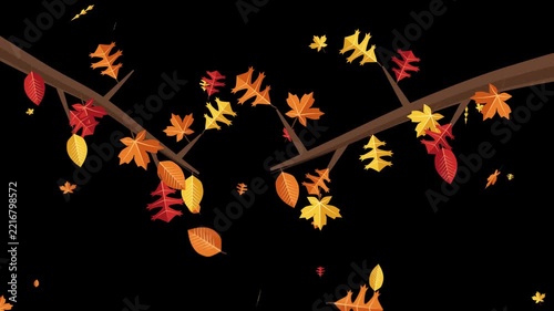 Stylized autumn leaves falling and drifting from tree branches in a vibrant seasonal loop motion