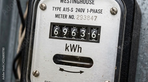 Close up of analog electricity meter with energy consumption kilowatt kilowatt hours mechanical digital reading energy mechanical dials high resolution infrastructure measurement utilization with type