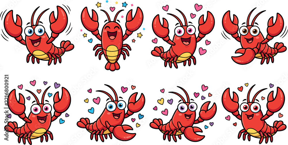 Obraz premium Cute Cartoon Lobster Character Vector Icon Set Featuring Red Crayfish Emoticons with Hearts, Stars, and Diverse Happy Expressions for Kids Graphic Designs