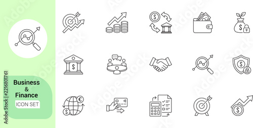 Business and finance outline icon set for banking investment. vector illustration.