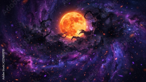 Glowing orange moon in nebula