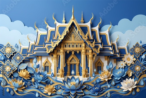 Paper cut Thai temple with lotus flowers and water drops in blue and gold