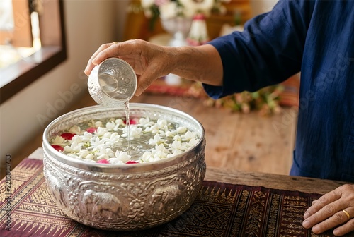 Hand pouring scented water into silver bowl with jasmine flowers for Songkran ritual