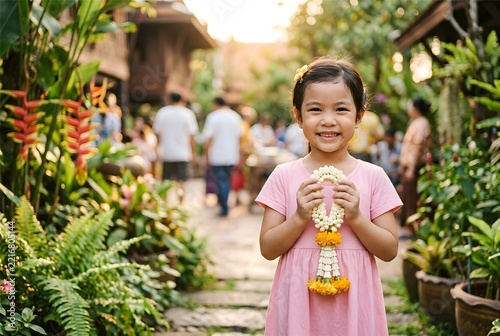 Little girl in pink dress holding jasmine garland and smiling