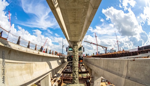 Pouring Concrete for Elevated Highway Construction with Cranes and Trucks Under a Dramatic Sky