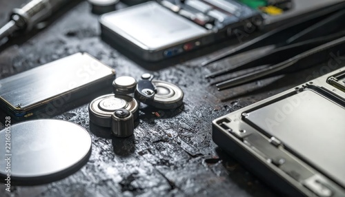 Precision Electronics Repair: Tiny Screwdrivers, Tweezers, and Components on a Textured Workbench Surface
