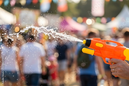 Hand holding orange water gun shooting water at festival crowd, copy space