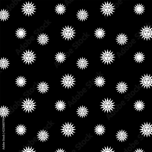 White vintage suns with faces seamless pattern on black background