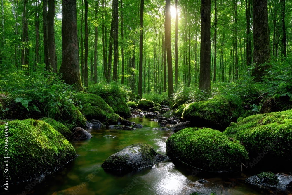 Fototapeta premium Lush green forest with a serene flowing stream
