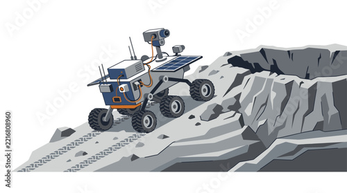 Illustration of a Robotic Space Rover Exploring a Planet Surface