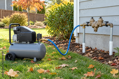 Air compressor connected by hose to lawn irrigation backflow preventer - sprinkler winterization blowout service