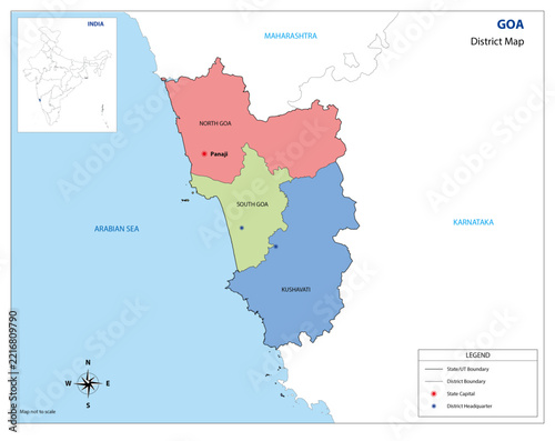 Goa District Map Showing North and South Goa Administrative Vector